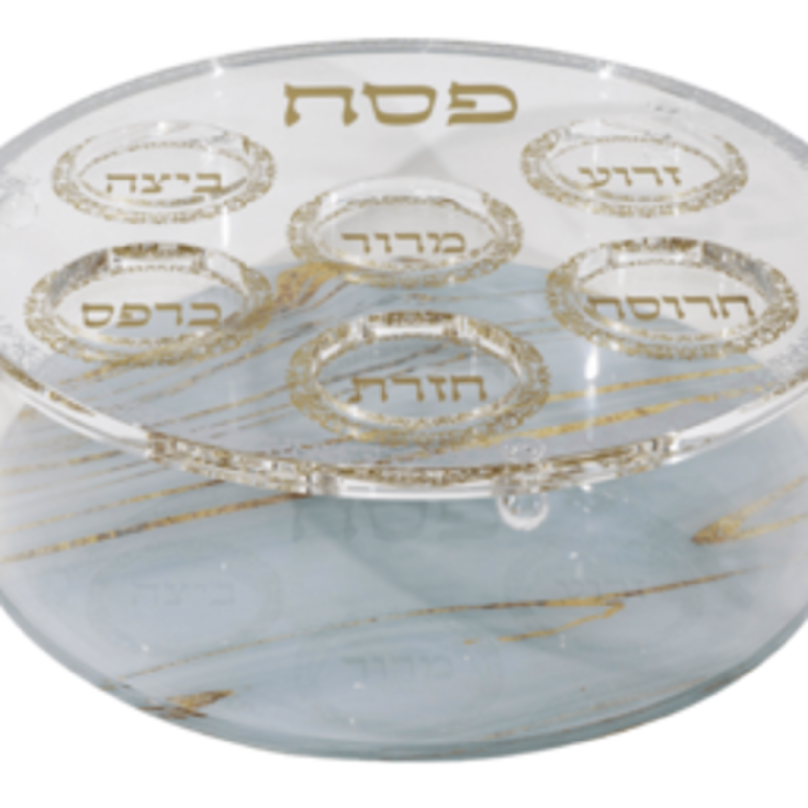 182700 Acrylic Round Matza Box With Seder Plate Cover - Grey & Gold Marble Design