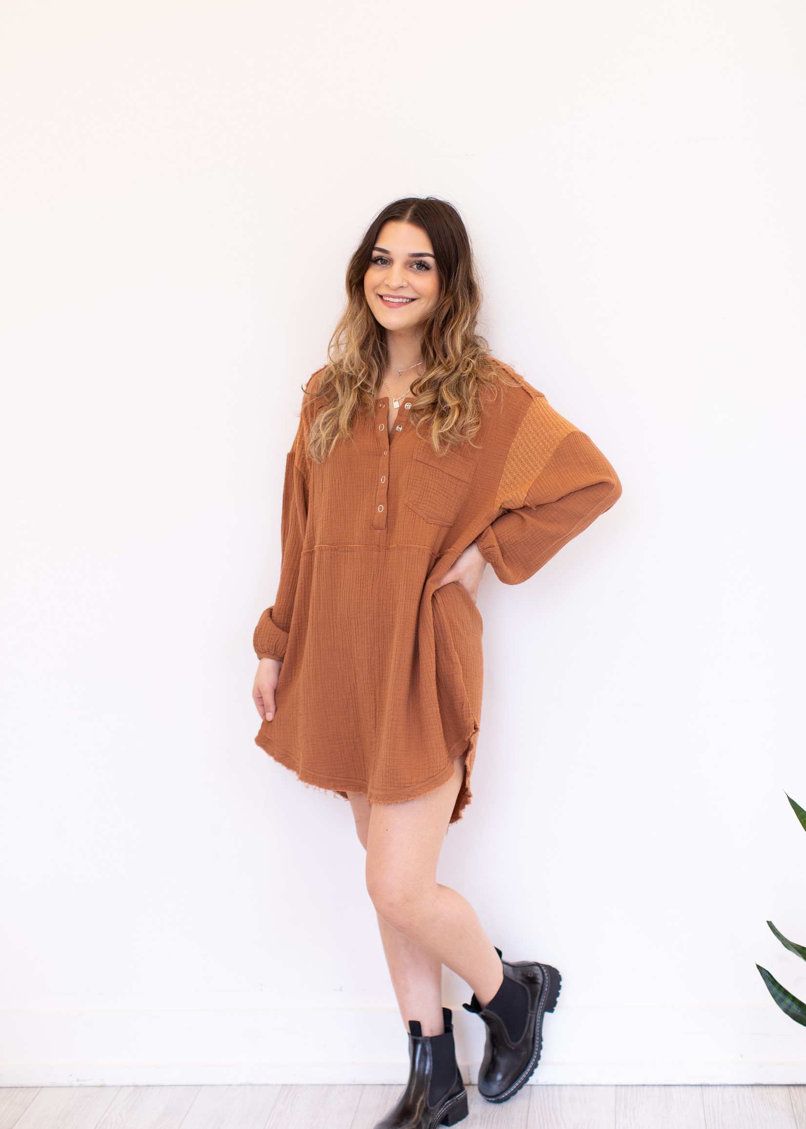 Crinkle Oversize Snap Front Dress - Rust