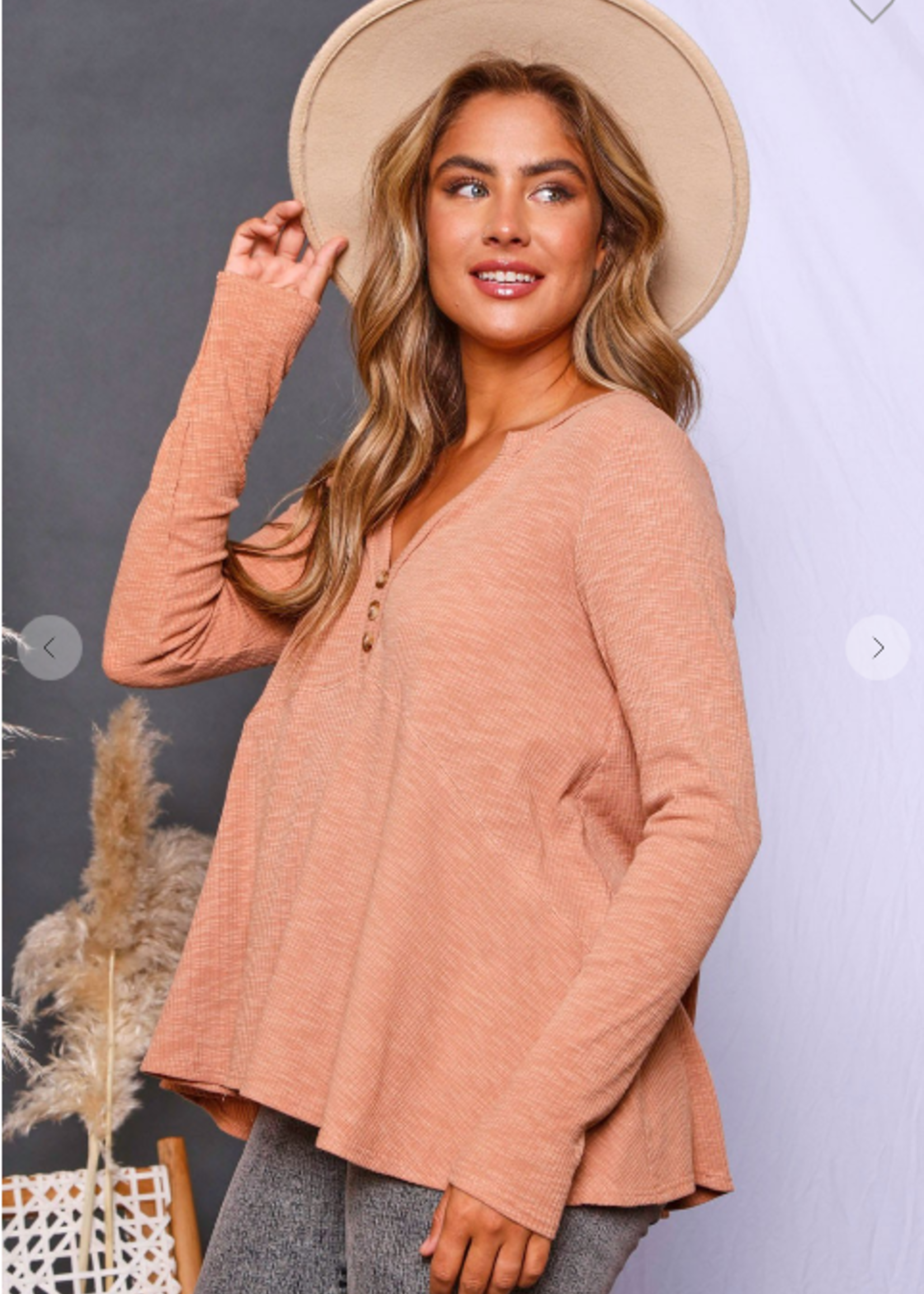 Ribbed Top with Buttons - Salmon