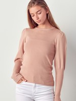 Ribbed Sweater with Puff Sleeves - Warm Taupe