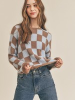 Lush Fuzzy Checker Board Sweater - Brown/Blue