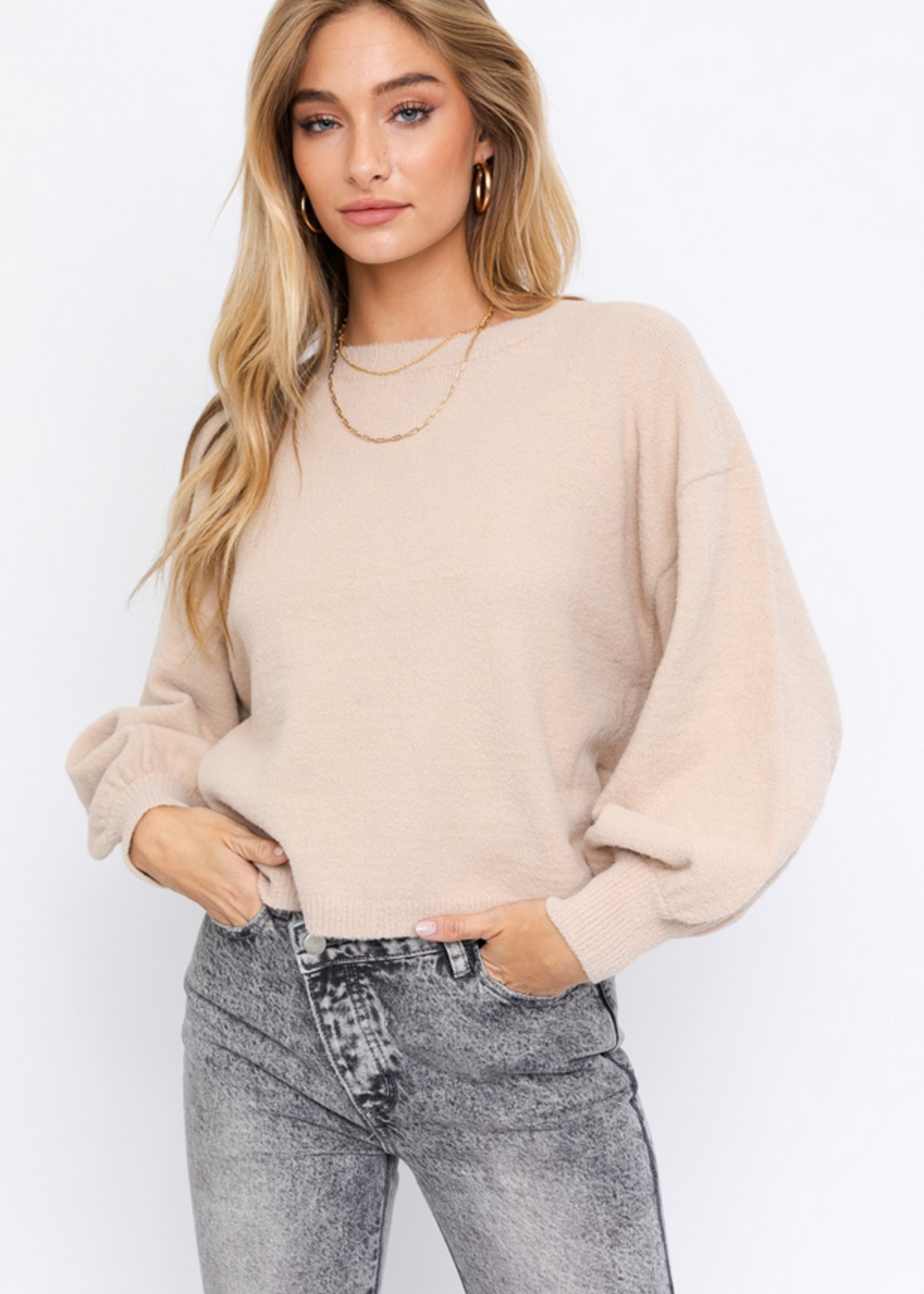 Fuzzy Sweater with Back Ruching - Taupe