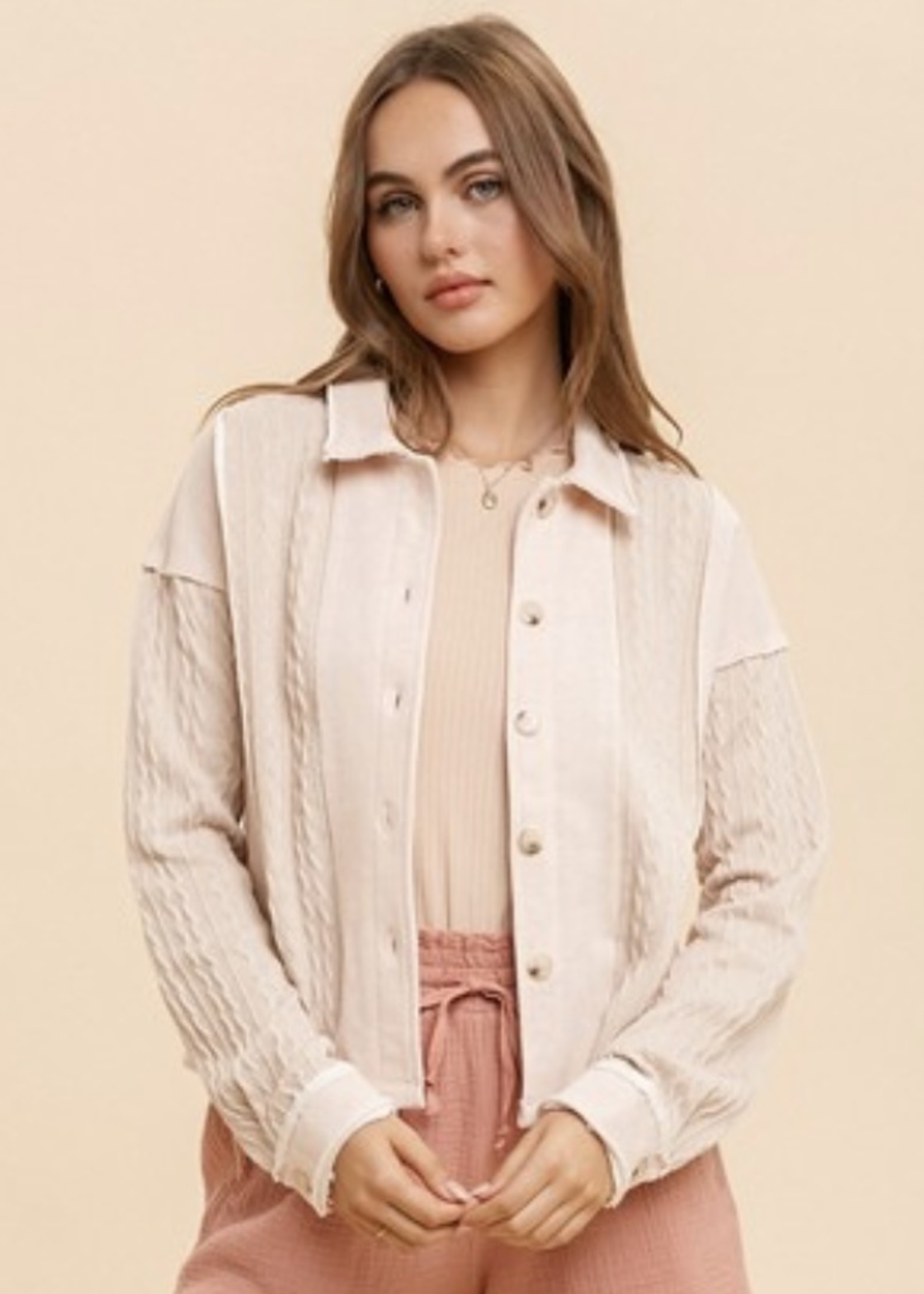 39072E Cable and Knit Shacket Blush/Taupe Olive Boutique