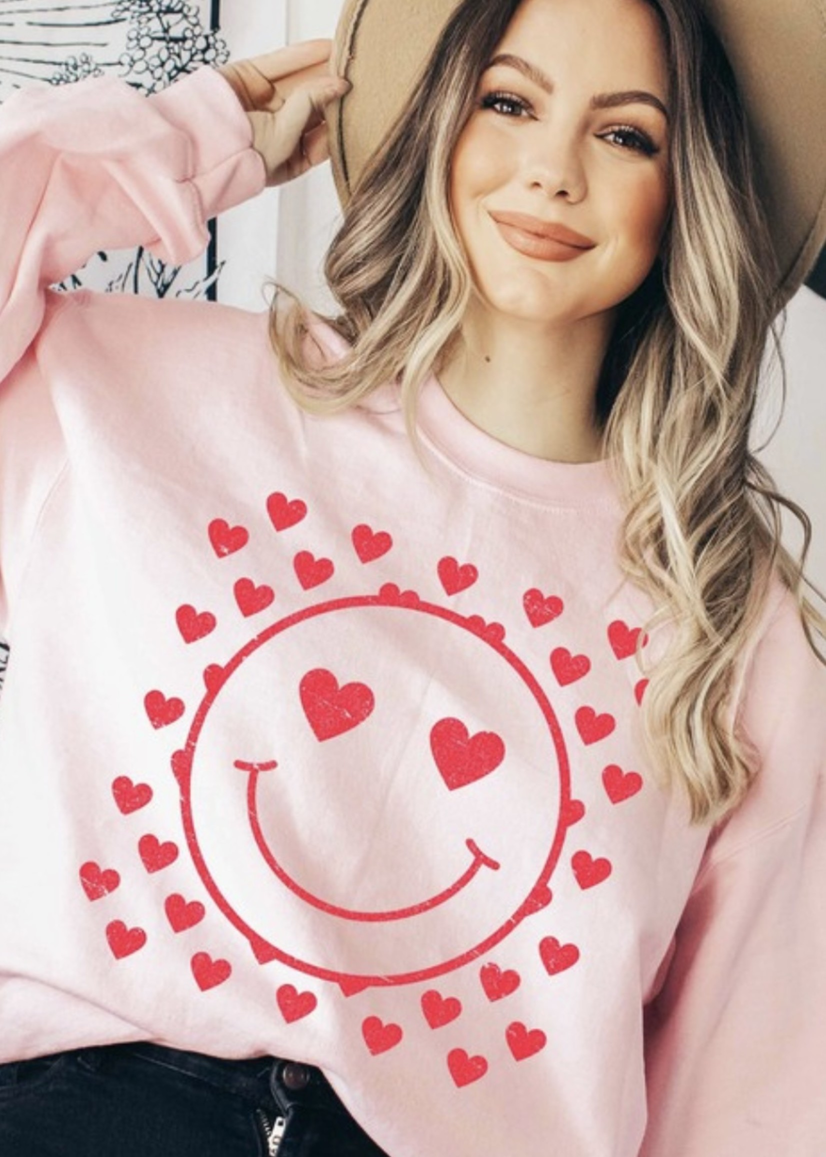 Smiley Heart Sweatshirt - Baby Pink