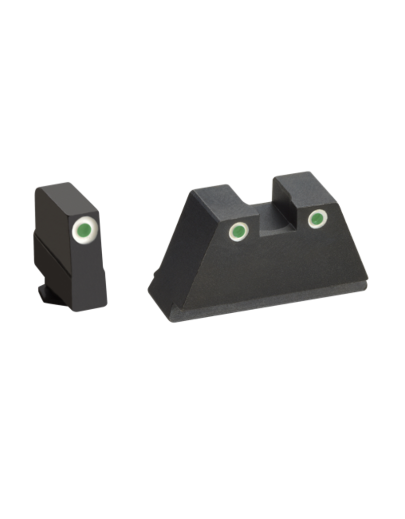 AMERIGLO SUPPRESSOR HEIGHT NIGHT SIGHTS, FOR GLOCK, #GL-349, 3XL, 3 DOT GREEN TRITIUM, WHITE OUTLINE FRONT AND GREEN TRITIUM, WHITE OUTLINE REAR
