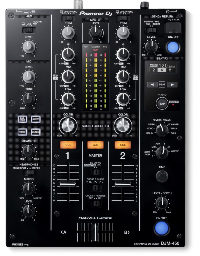 DJM-450: 2-channel DJ Mixer with Onboard 24-bit Audio Interface, 3-band EQs, Magvel Faders, Sound Color FX, Beat FX, and rekordbox dj/rekordbox DVS Software- Pioneer DJ