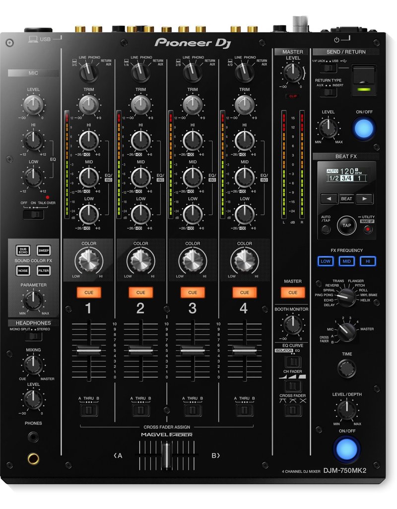 DJM-750MK2: 4-channel Digital DJ Mixer with Analog and Digital I/O, 6 Sound Color FX, 11 Beat FX, 3-band Switchable Iso EQs, and Send/Return Loop - Pioneer DJ