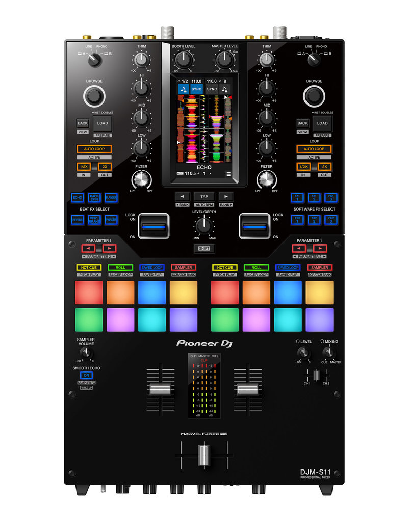 DJM-S11: 2-channel DJ Mixer with Dual USB Audio Interfaces, 16 Performance Pads and Effects Controls for Serato DJ, Onboard EQ/Filtering, and Magvel Pro Adjustable Crossfader- Pioneer DJ