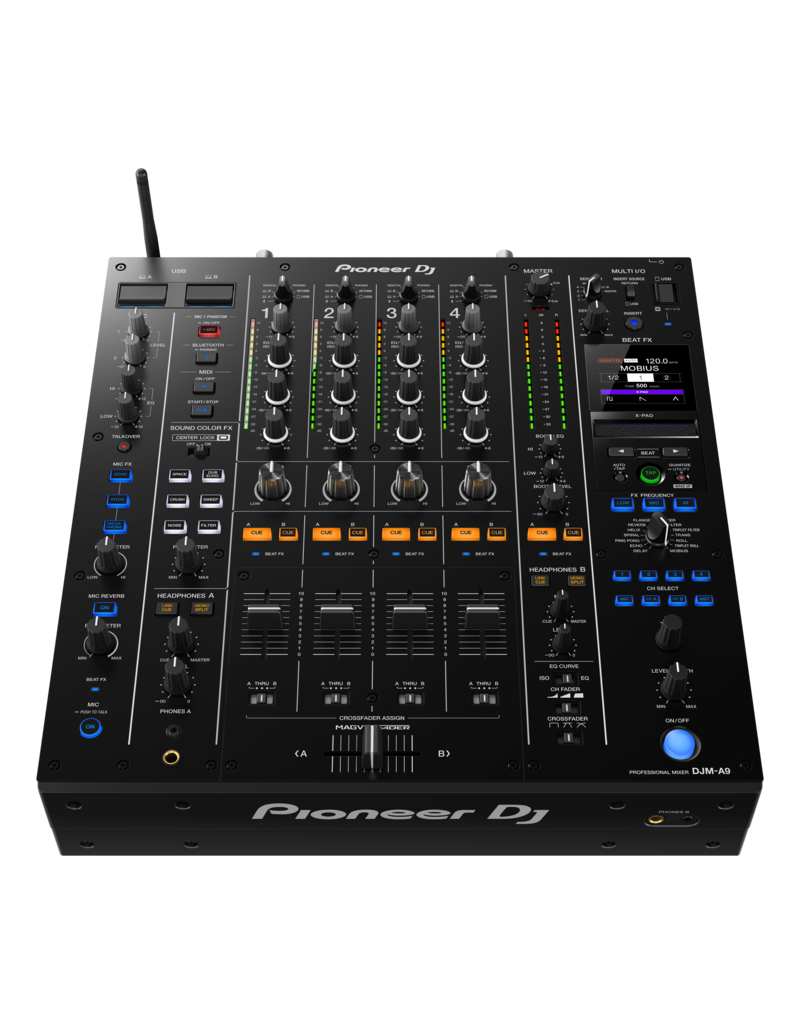 DJM-A9: 4 channel Digital DJ Mixer with Analog and Digital I/O, 7 Sound Color FX, 14 Beat FX, 3-band Switchable Iso EQs, 3 Mic FX,  Dual USB Connectivity, Bluetooth Enabled and ProDJ Link - Pioneer DJ