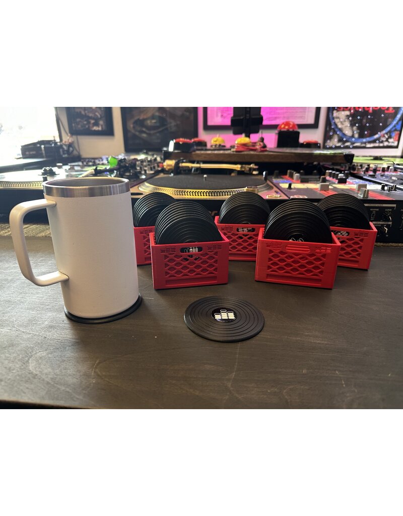 Mile High DJ Supply Mile High DJ Coaster Crate: 8 Plastic Drink Coasters in a Red Record Crate