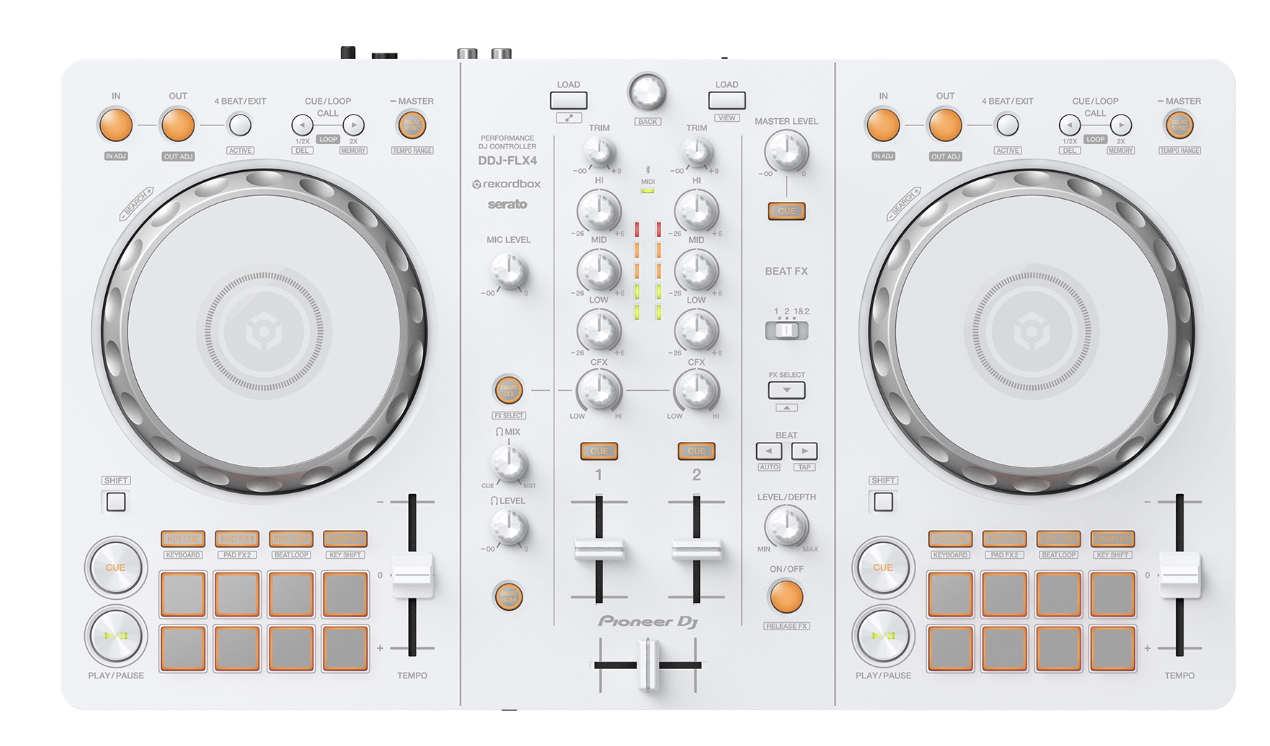 White DDJ-FLX4 2-channel DJ controller for rekordbox and Serato