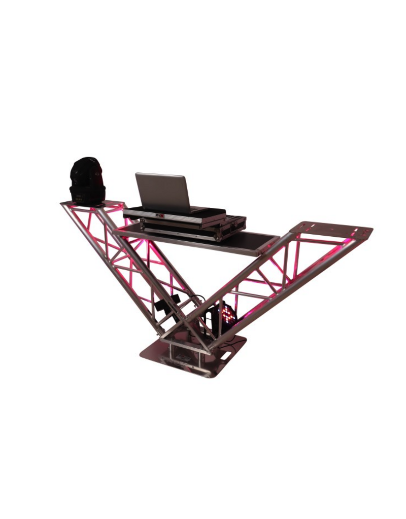 ProX Special Order: ProX VERRAZANO V-Shape Aluminum Truss DJ Table with Elevated Monitor Shelves and 24" Base Plate ( XT-VERRAZANO24)