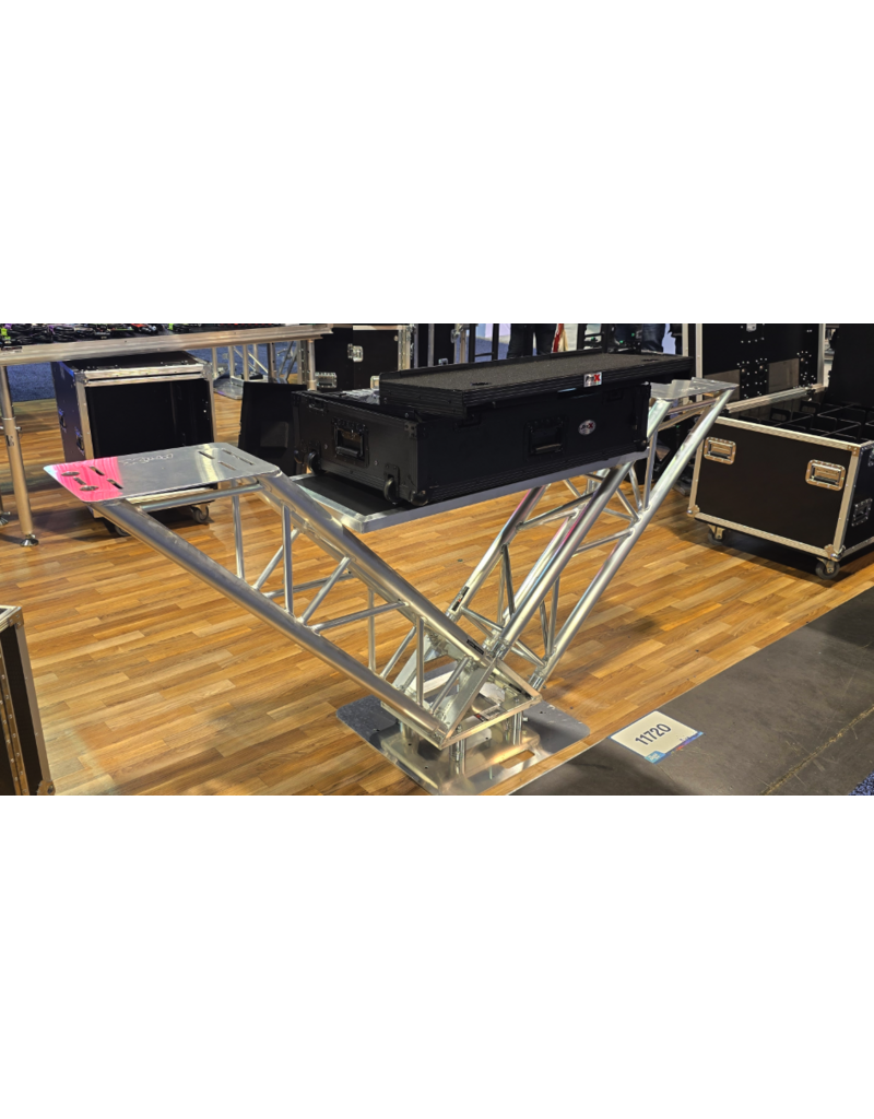 ProX Special Order: ProX VERRAZANO V-Shape Aluminum Truss DJ Table with Elevated Monitor Shelves and 24" Base Plate ( XT-VERRAZANO24)