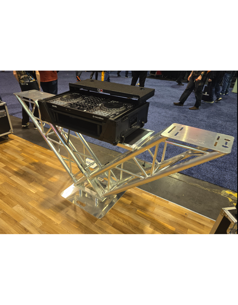 ProX Special Order: ProX VERRAZANO V-Shape Aluminum Truss DJ Table with Elevated Monitor Shelves and 24" Base Plate ( XT-VERRAZANO24)