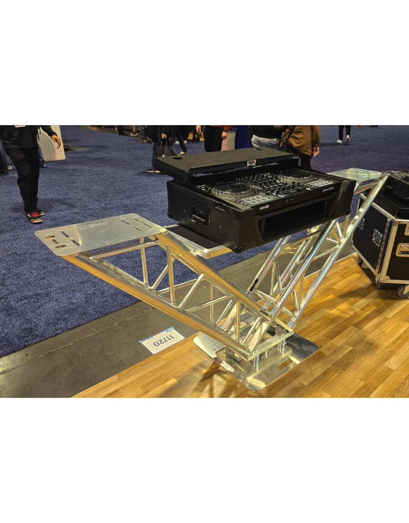 ProX Special Order: ProX VERRAZANO V-Shape Aluminum Truss DJ Table with Elevated Monitor Shelves and 24" Base Plate ( XT-VERRAZANO24)