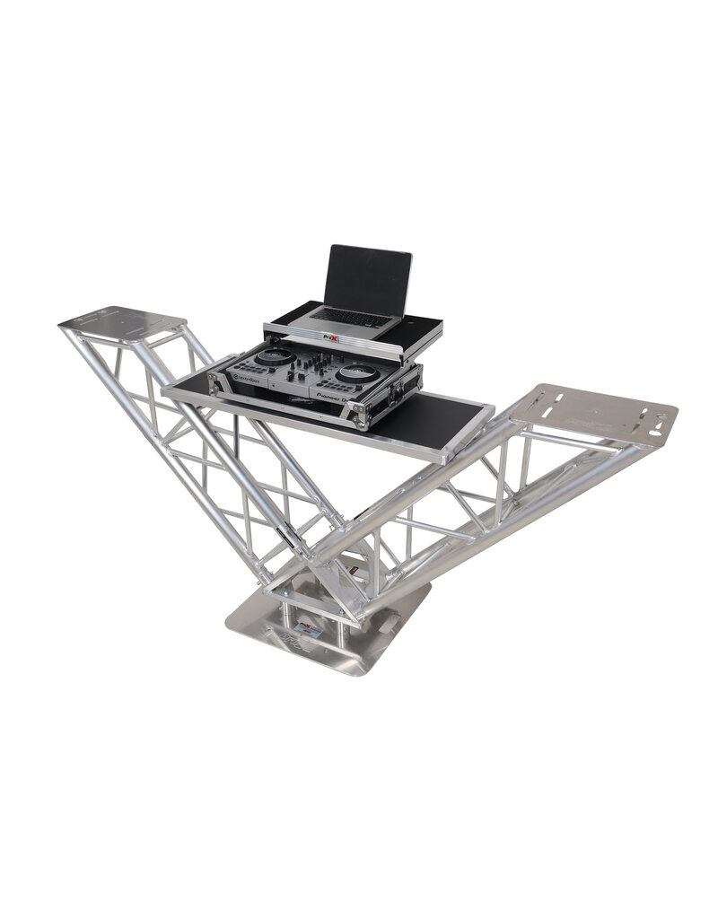 ProX Special Order: ProX "V STATION" V-Shape Aluminum Truss DJ Table with Elevated Monitor Shelves and Base Plate (VERRAZANO)