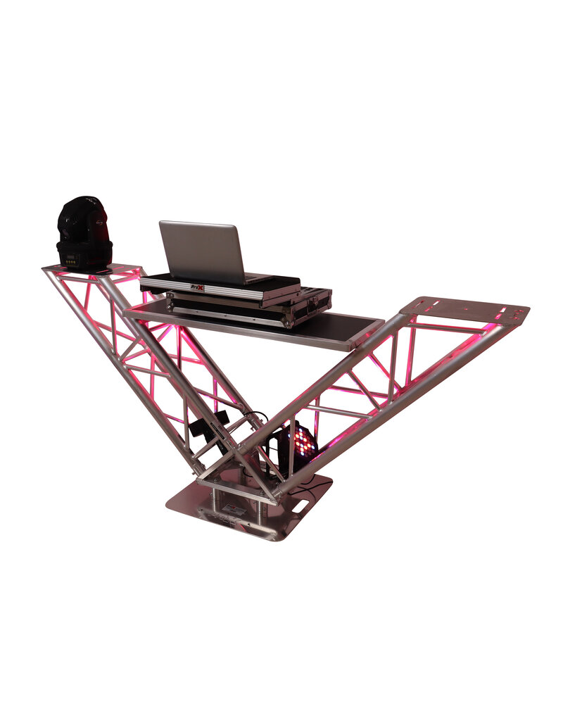ProX Special Order: ProX "V STATION" V-Shape Aluminum Truss DJ Table with Elevated Monitor Shelves and Base Plate (VERRAZANO)