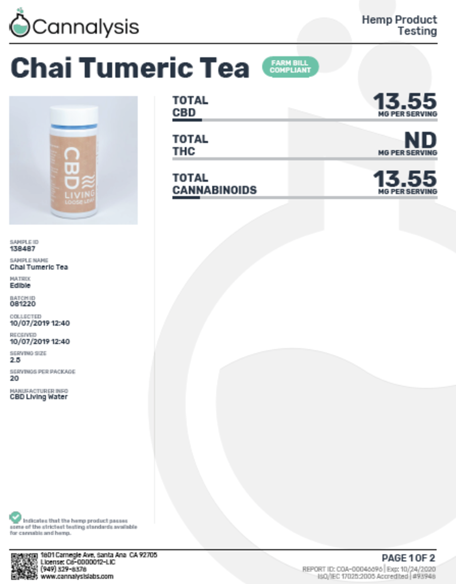 CBD Living CBD Chai Turmeric Tea 150mg/7.5mg