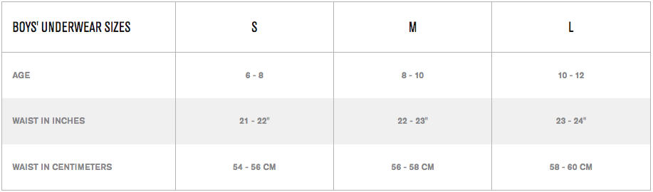 Boxer Brief Size Chart