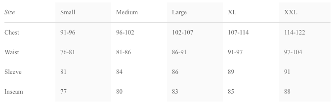 Holden Outerwear Size Chart