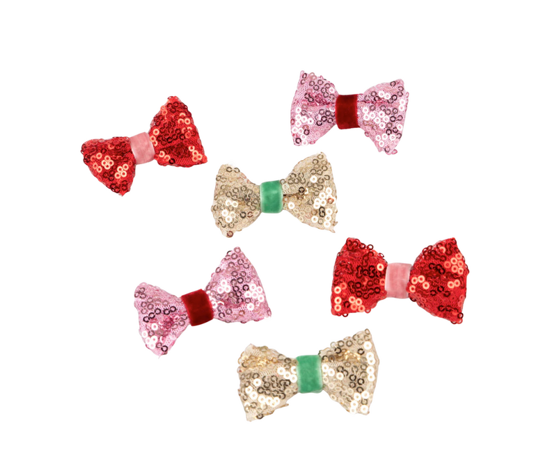 Sequin & Velvet Mini Bow Hairclips X6