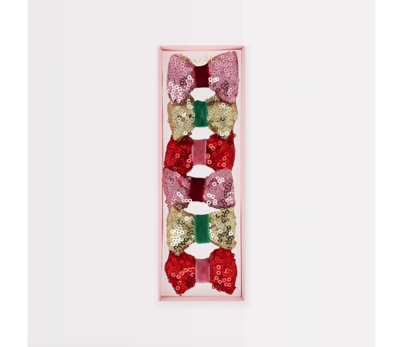 Sequin & Velvet Mini Bow Hairclips X6