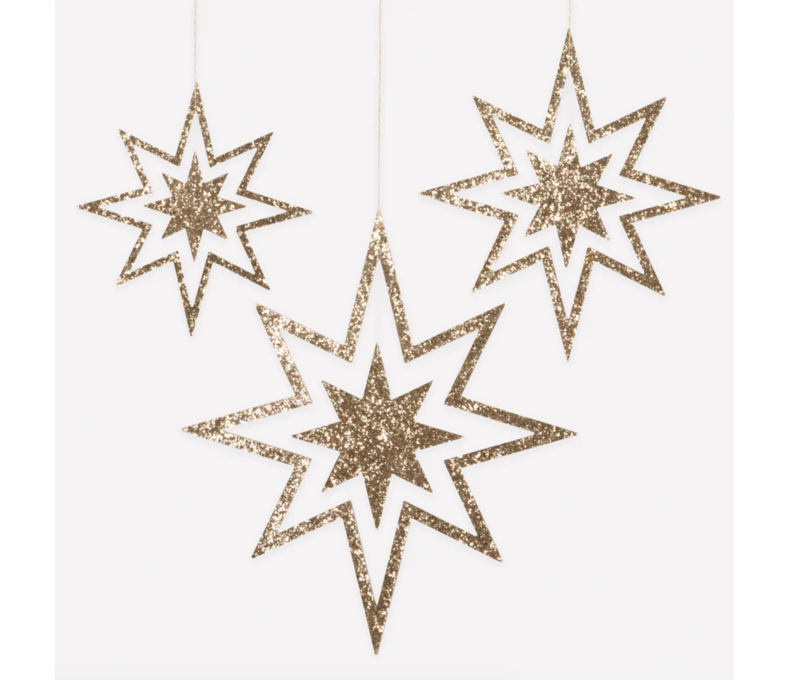 Large Glitter Wooden Star Decorations X3