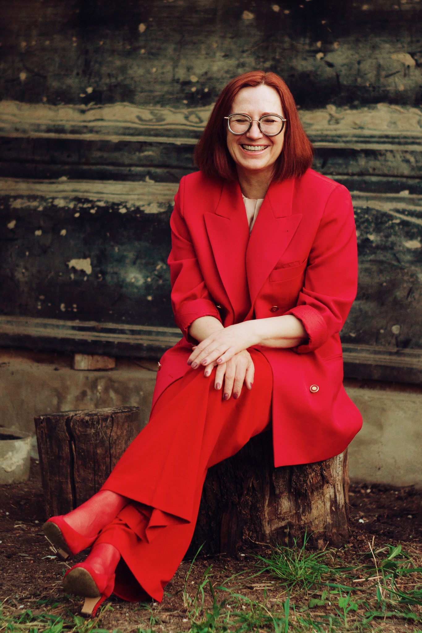 Woman wearing a red suit