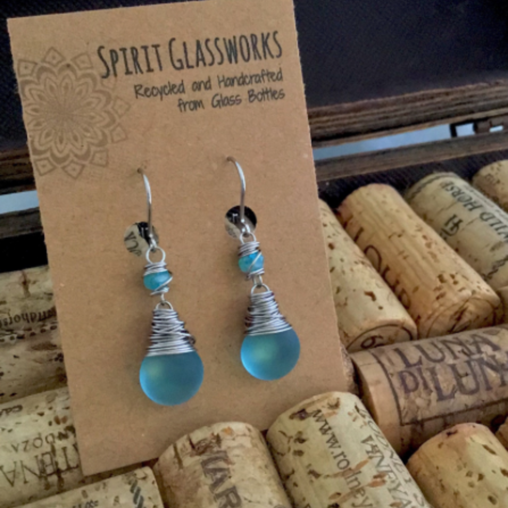 Spirit Glassworks EARRINGS (Wire-Wrapped Drop Frost or Crackle, Recycled Glass Bottles, MELW)