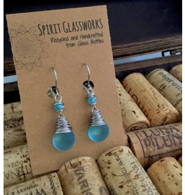 Spirit Glassworks EARRINGS (Wire-Wrapped Drop Frost or Crackle, Recycled Glass Bottles, MELW)