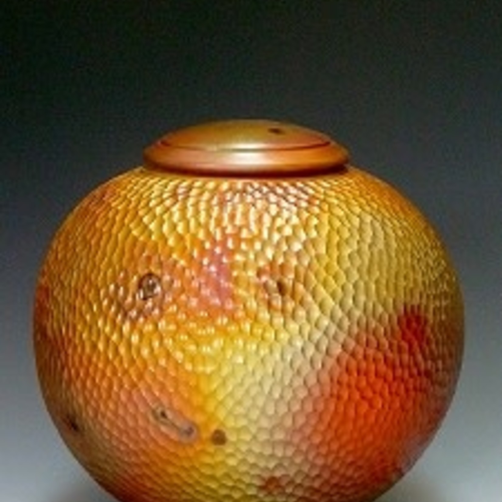 Cosmic Clay Studio CARVED COVERED JAR, (raku, 8x8x8") COSC