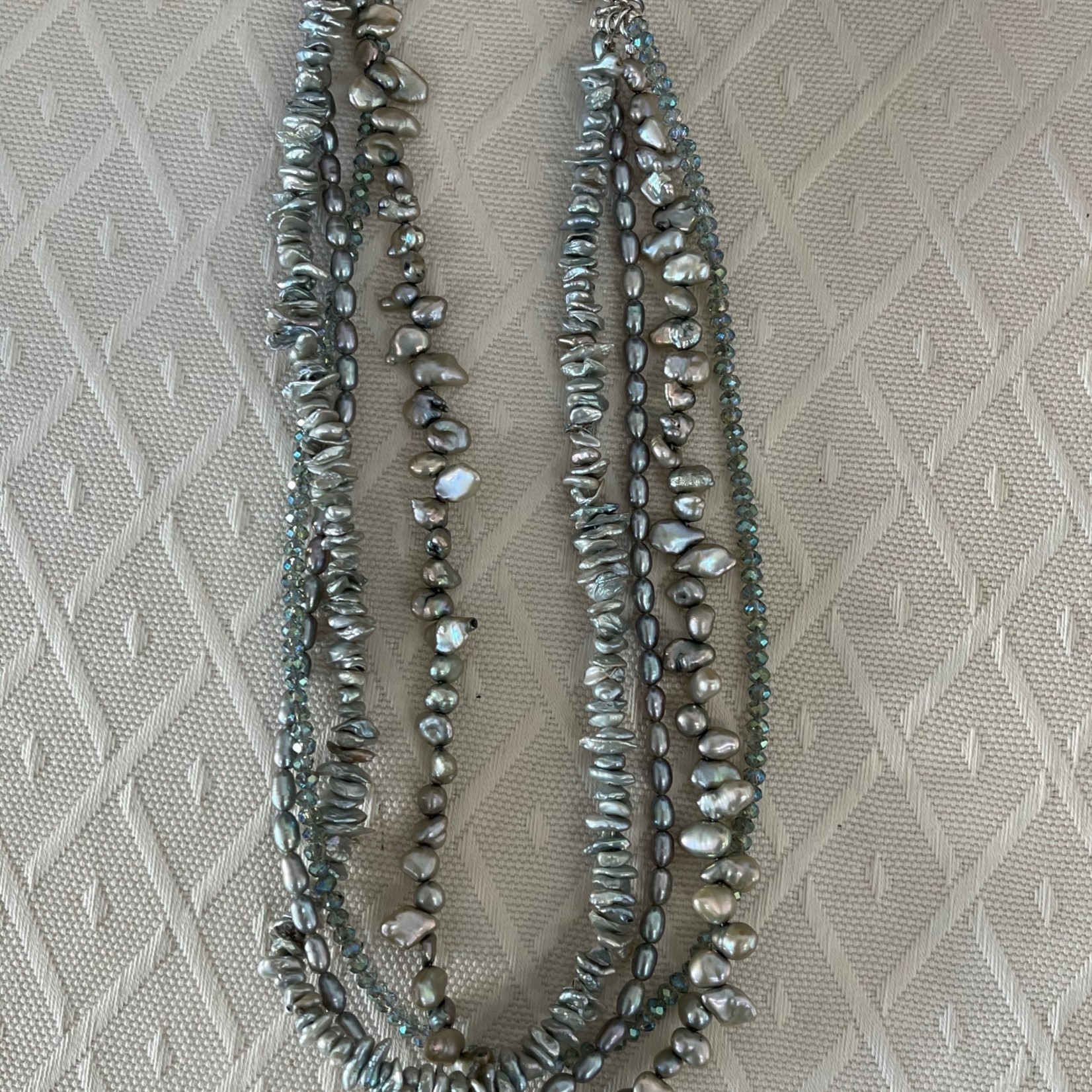 Rare Finds NECKLACE, blue/green fresh water pearls, Swarovski crystals, sterling, 4 strand , 16", RARE