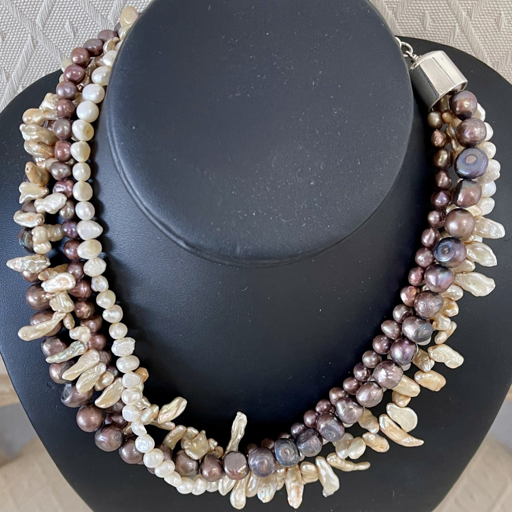 NECKLACE, Biwa pearls, potato pearls, 4 strand, 16