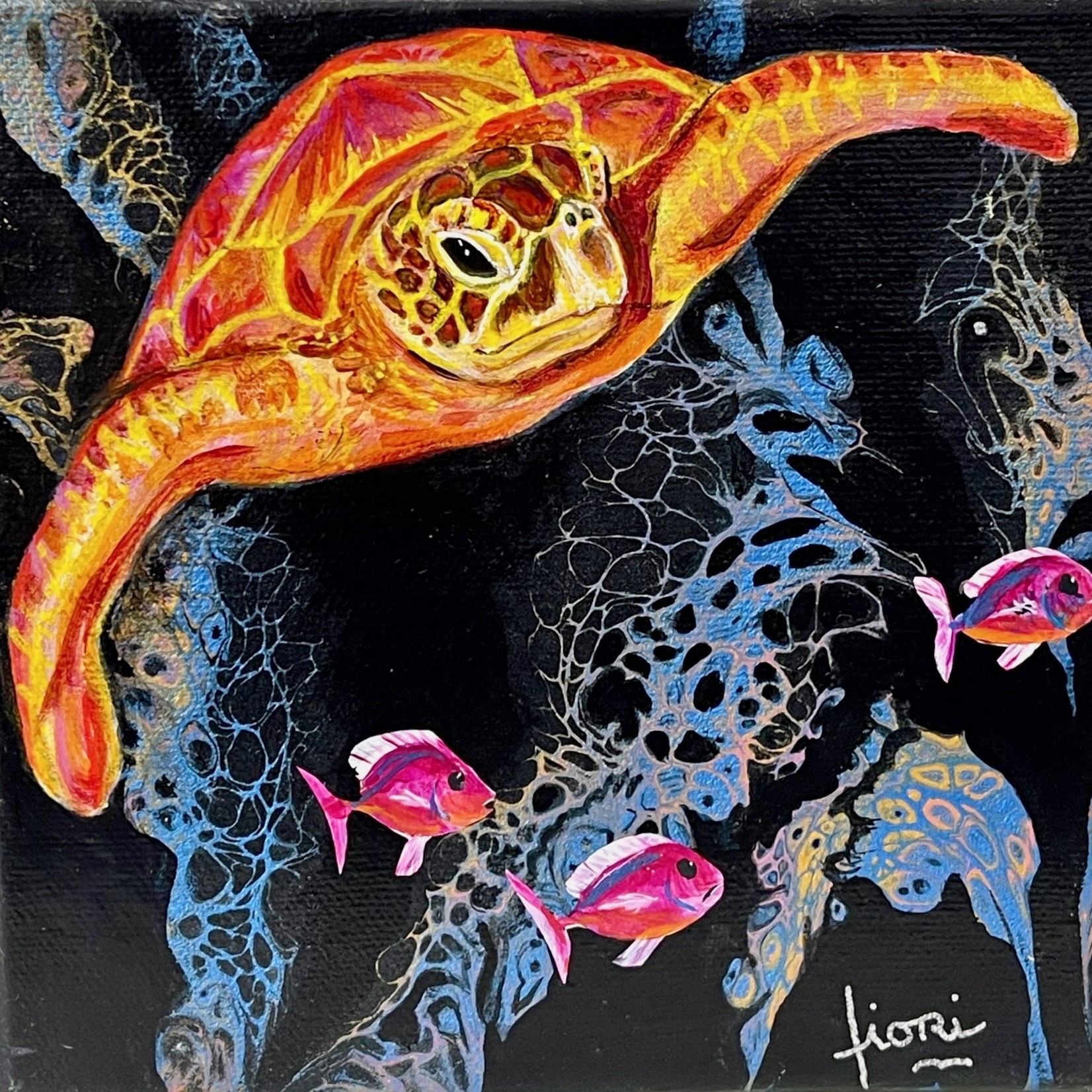 Fiori Ferraris TURTLE on black w/pink fish, acrylic on canvas, 6x6", FIORI