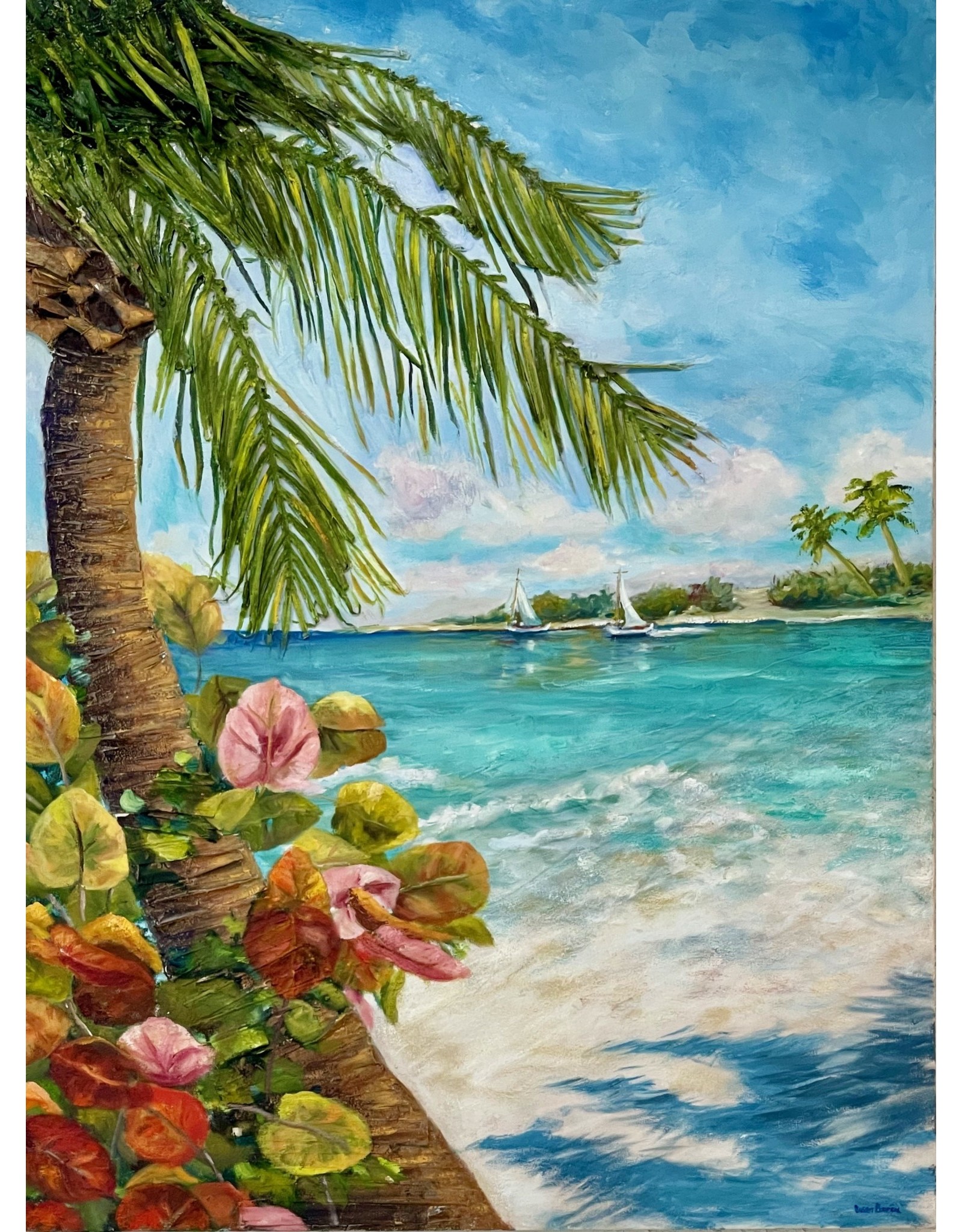 Susan Marinaccio Whispering Palm,  original oil and mixed media on canvas, 36x48", SUSM
