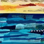 Pam Maschal Horizon Lines, Seascape w/palms, 36x12", MM collage on canvas. PAMM