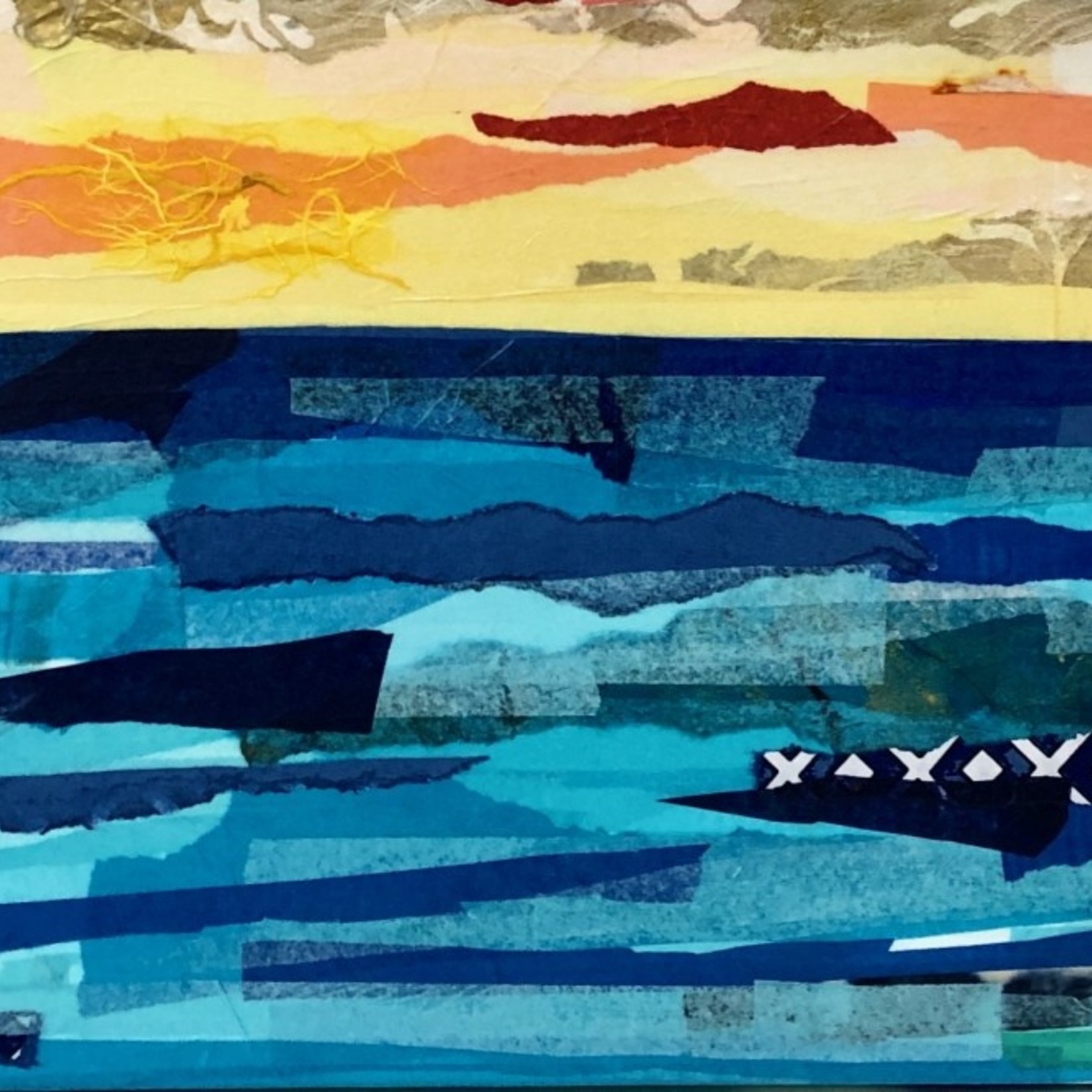 Pam Maschal Horizon Lines, Seascape w/palms, 36x12", MM collage on canvas. PAMM