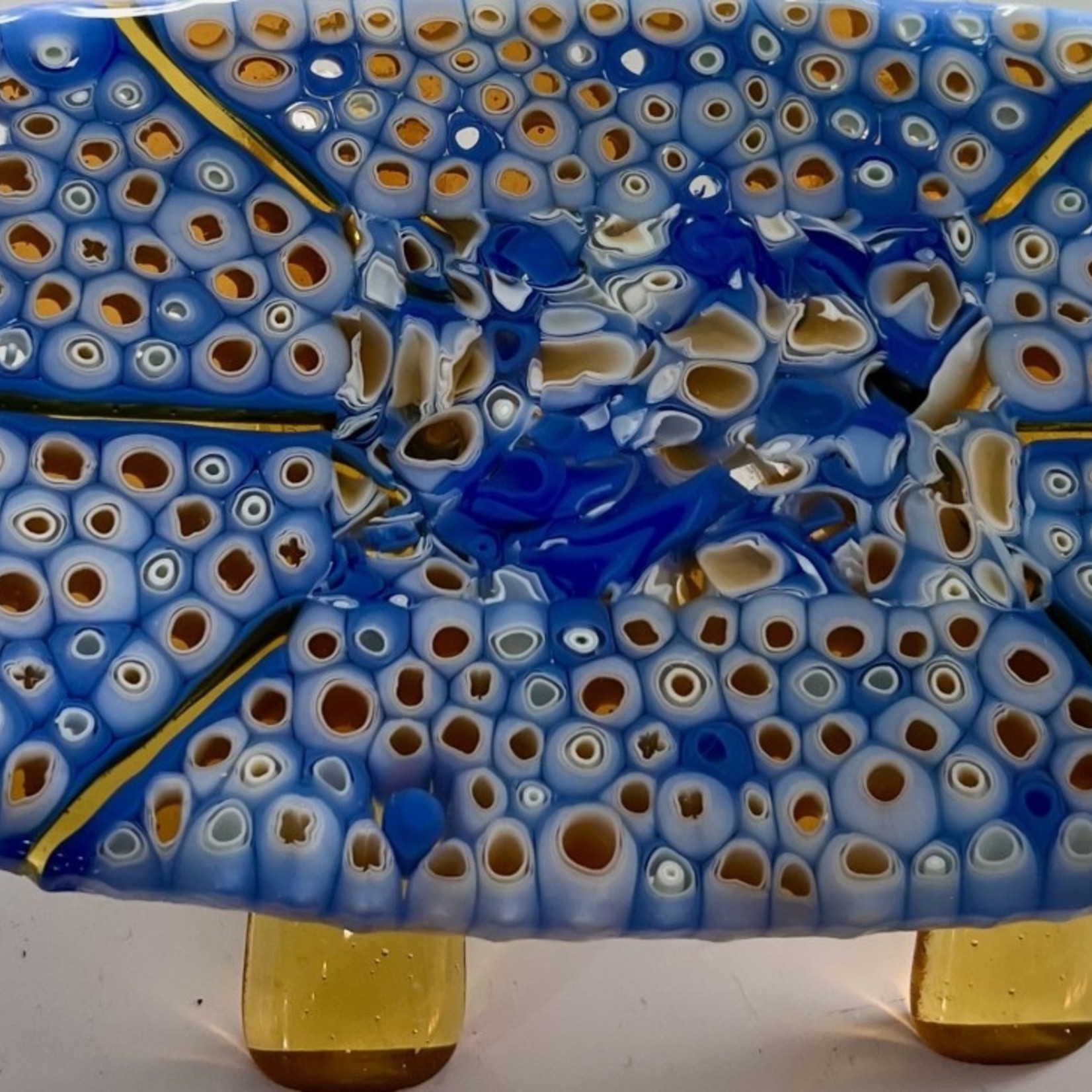 Karen Hovis ELLIPSE, Murrini, fused glass, blue/gold, 14", KARH