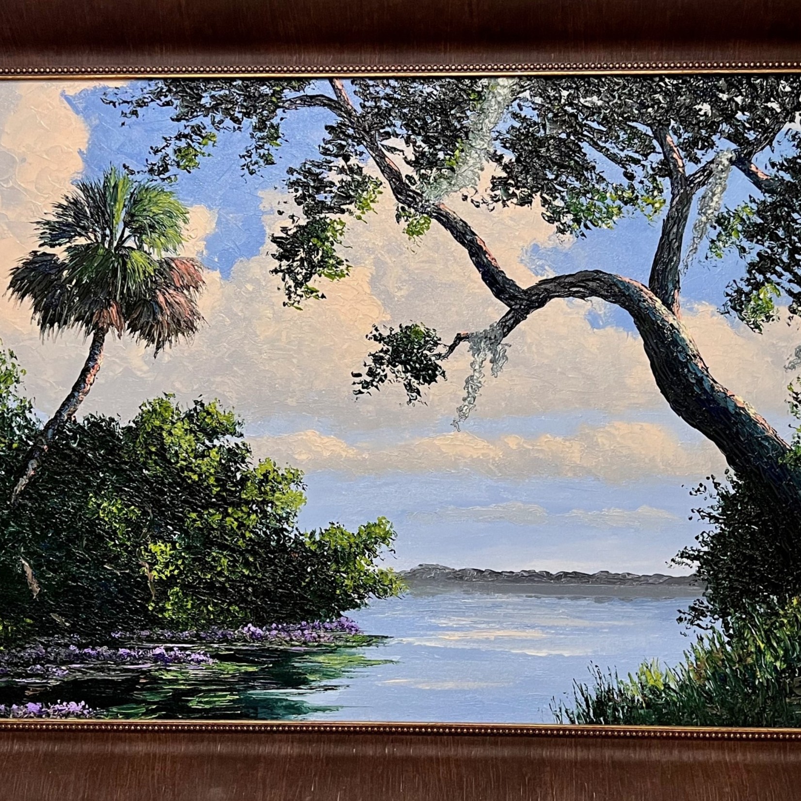 AE Backus, Highwaymen (Original/2nd Generation/Legacy), Indian River School Hyacinth Bloom/Indian River Lagoon, Stanford, oil on canvas, 42x30" framed, RARE