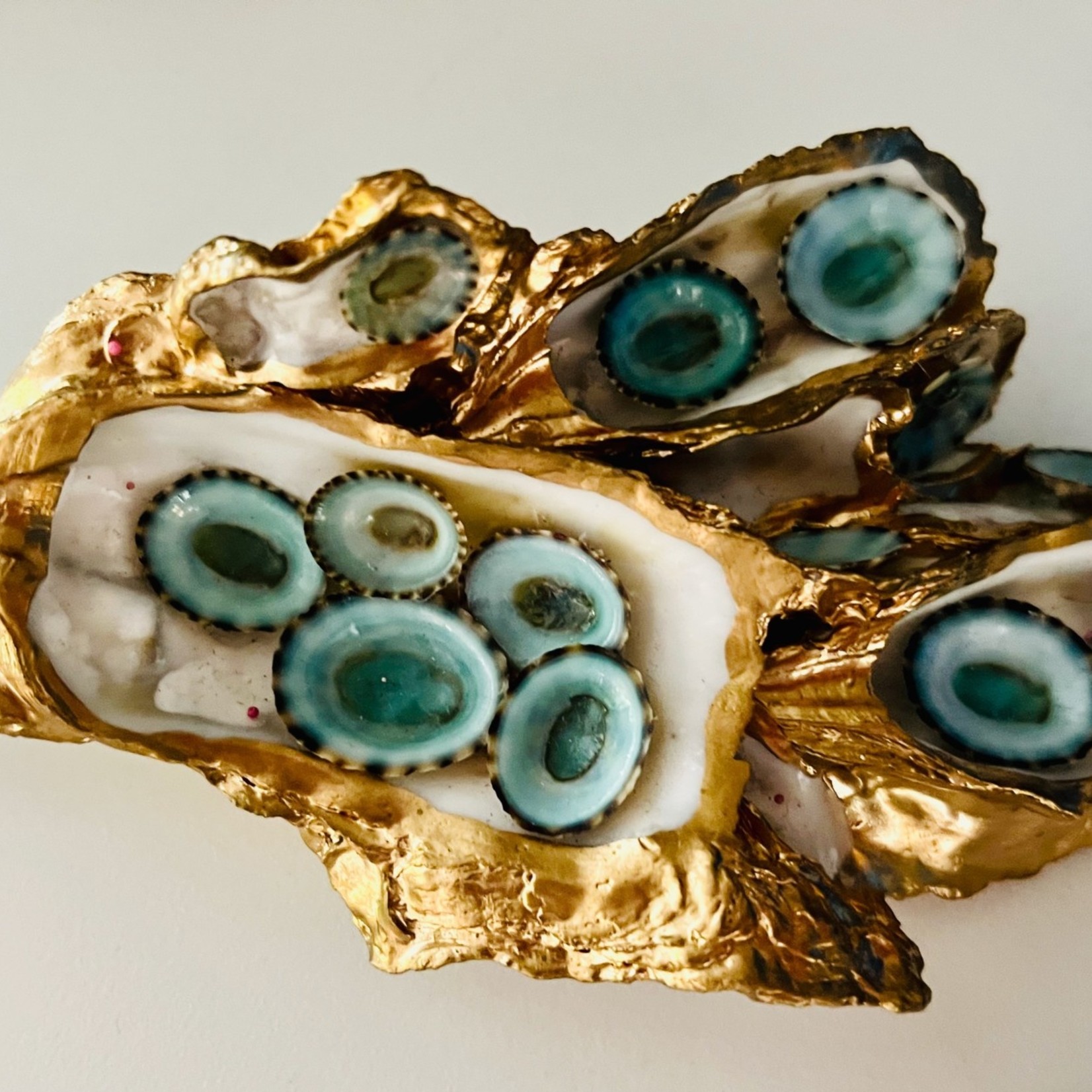 Pam Maschal Gold Leaf Oyster cluster w/turquoise Mexican limpets, PAMM