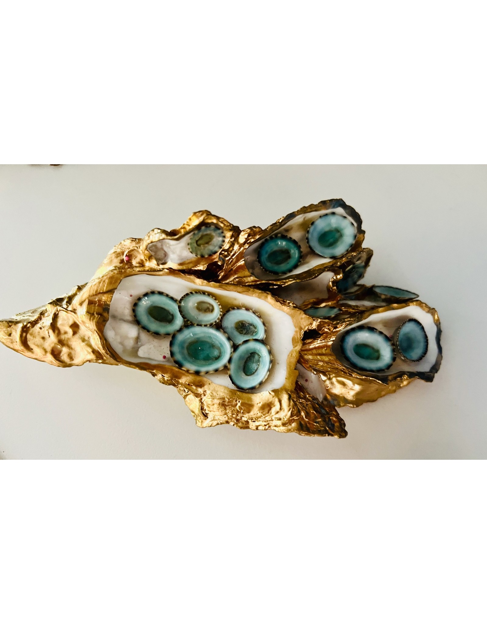 Pam Maschal Gold Leaf Wild Oyster cluster w/lturquoise Mexican limpets, PAMM