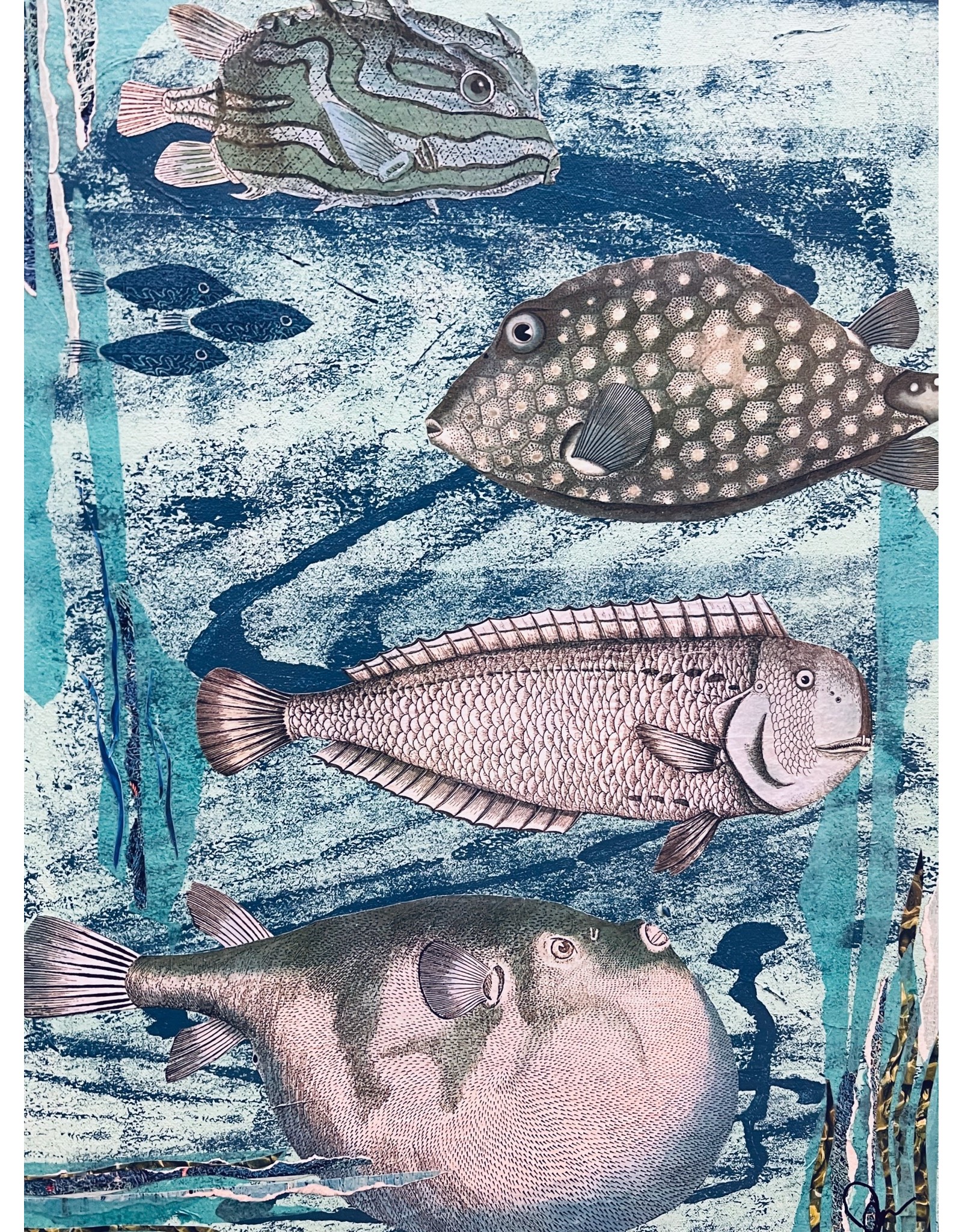 Pam Maschal "Seafoam Fish", collage on canvas, 18x24, PAMM