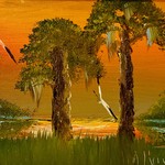 AE Backus, Highwaymen (Original/2nd Generation/Legacy), Indian River School HIGHWAYMEN, Isaac Knight,  Sunset with Birds, Oil on canvas board, framed, 13x15, RARE