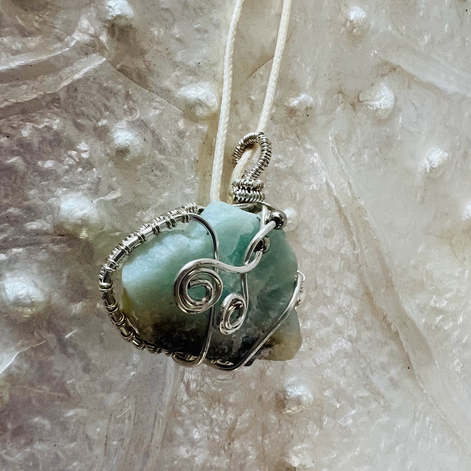 Matalus Designs Pendant, Amazonite & sterling, wire-wrapped on cord, MATD