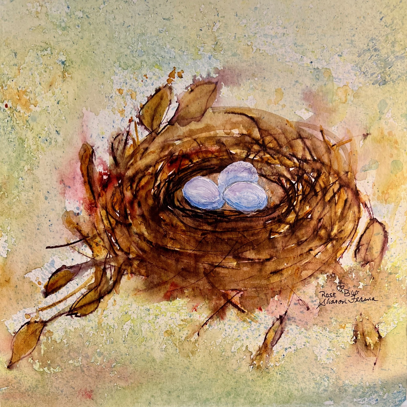 Sharon Ferina Nest w/2 eggs, original ptg on canvas, 6x6", SHAF