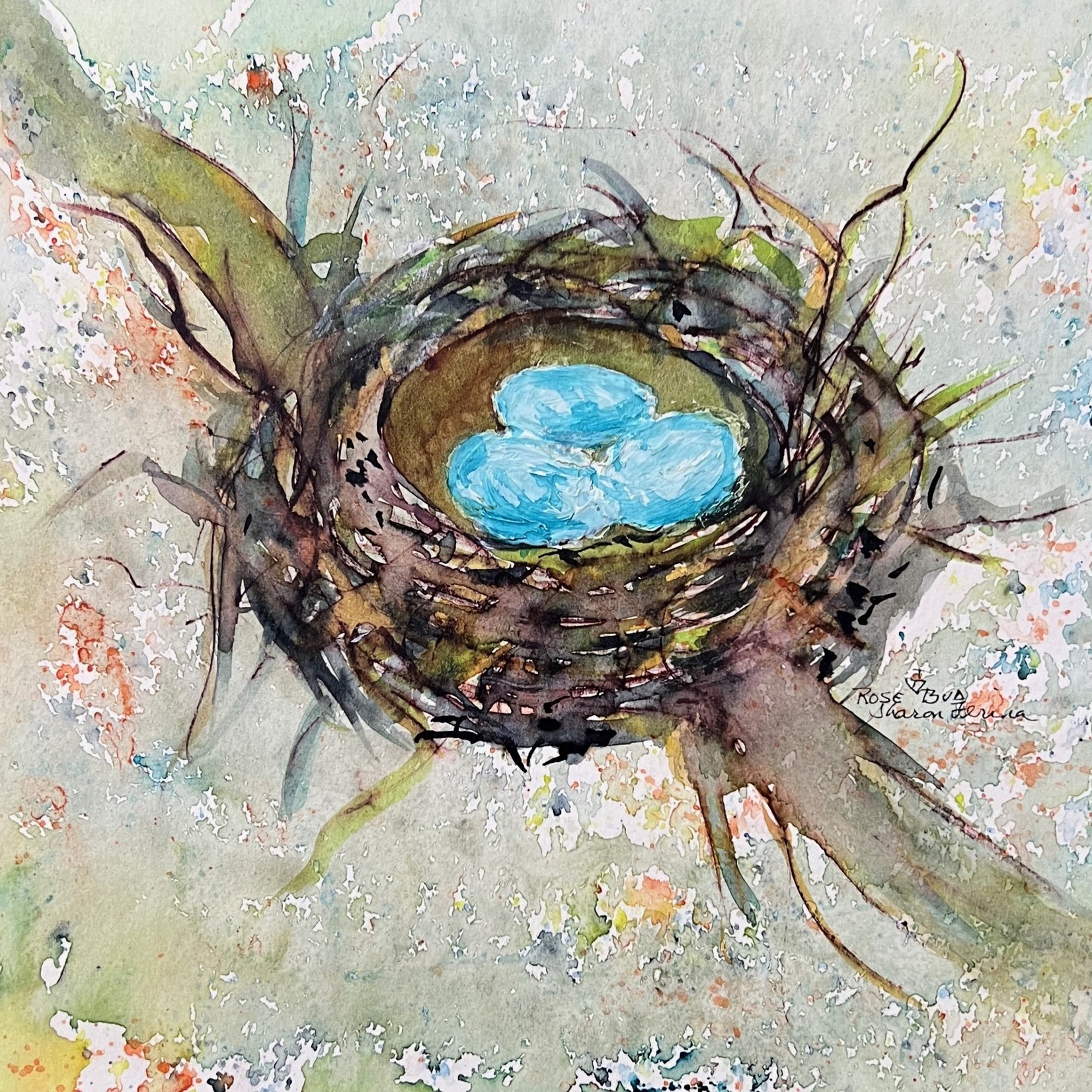 Sharon Ferina Nest w/3 eggs, original WC mounted on board, 8x8", SHAF