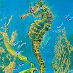 Fiori Ferraris Seahorse on aqua, acrylic on canvas, 6x6",  FIORI