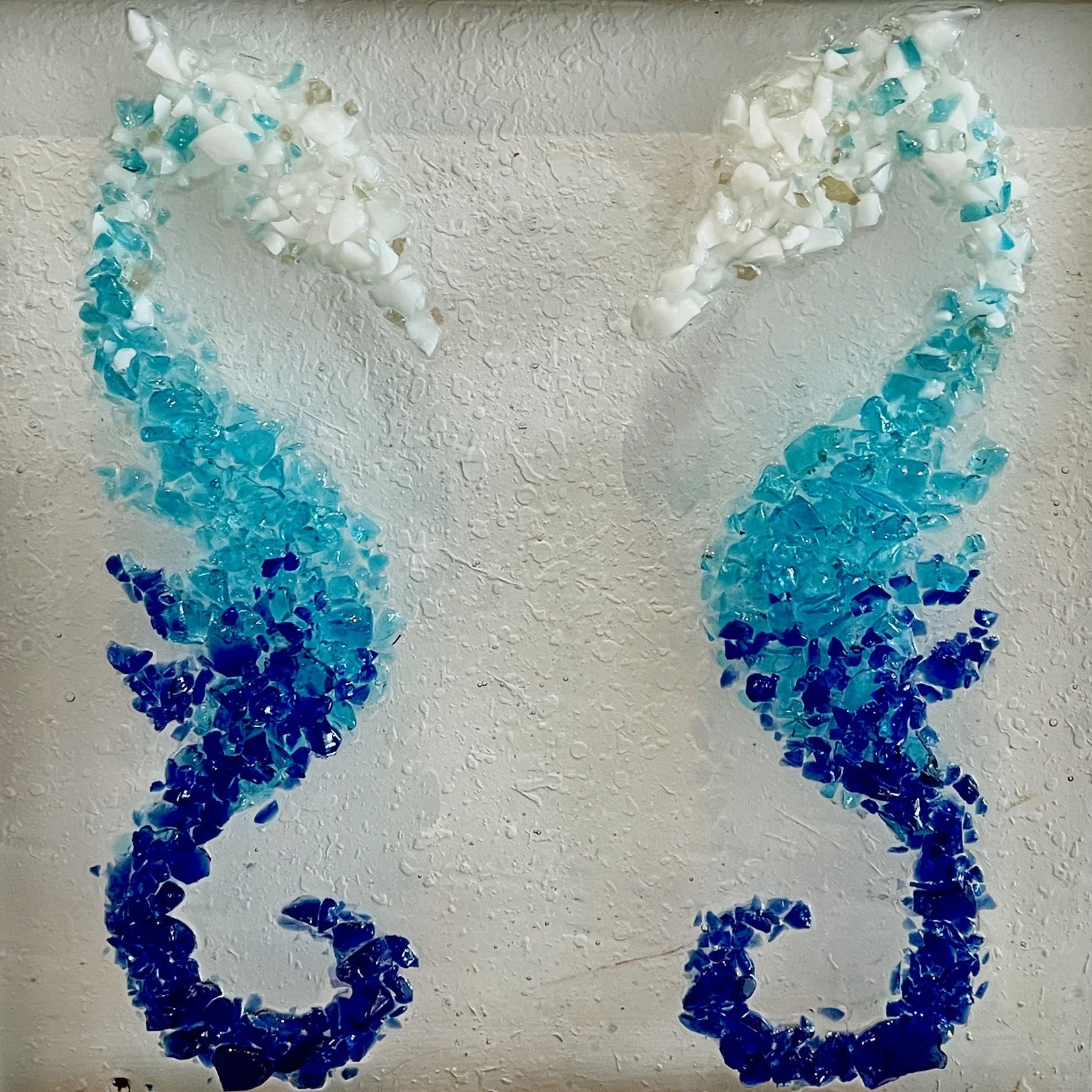 Sue by the Seashore Ombre Seahorses in blue, crushed glass, 17.5x17.5" framed, SUES