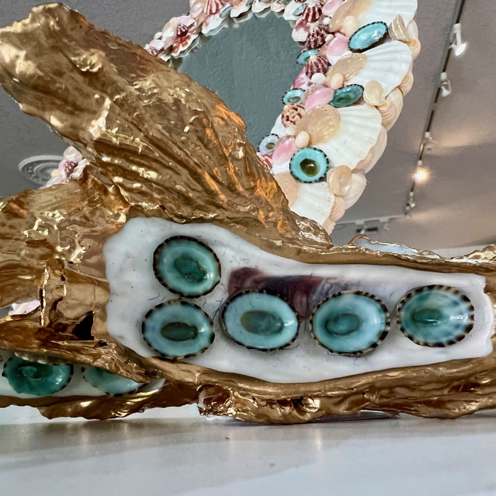 Pam Maschal Large Gold Leaf Oyster cluster w/turquoise Mexican limpets, PAMM