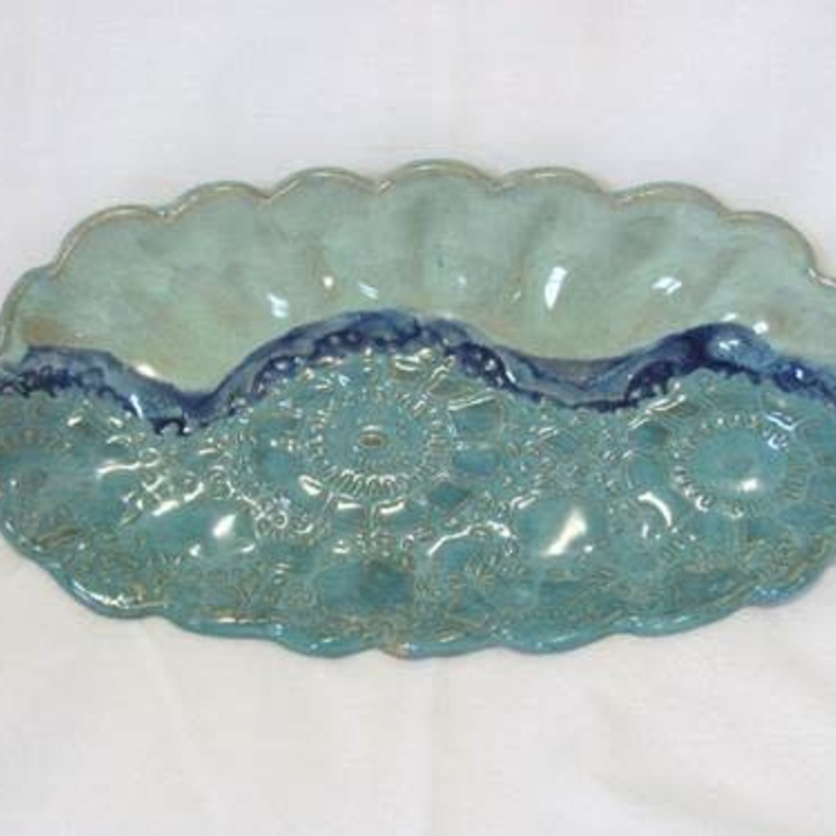 Clarkware Pottery Party/Nuts Dish, Elegant Lace or blue, 9x5", CLARK